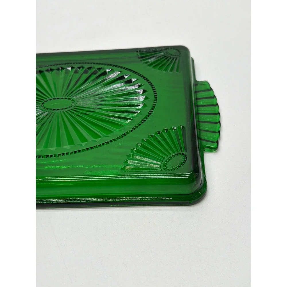 Vintage Emerald Green Depression Glass Sunburst Fan Tray Art Deco Tab Handles